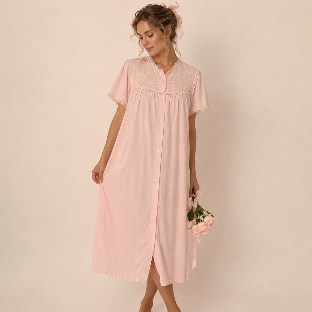 Vintage Vanity Fair Pink Cotton Blend Nightgown Robe Medium Lace Yoke